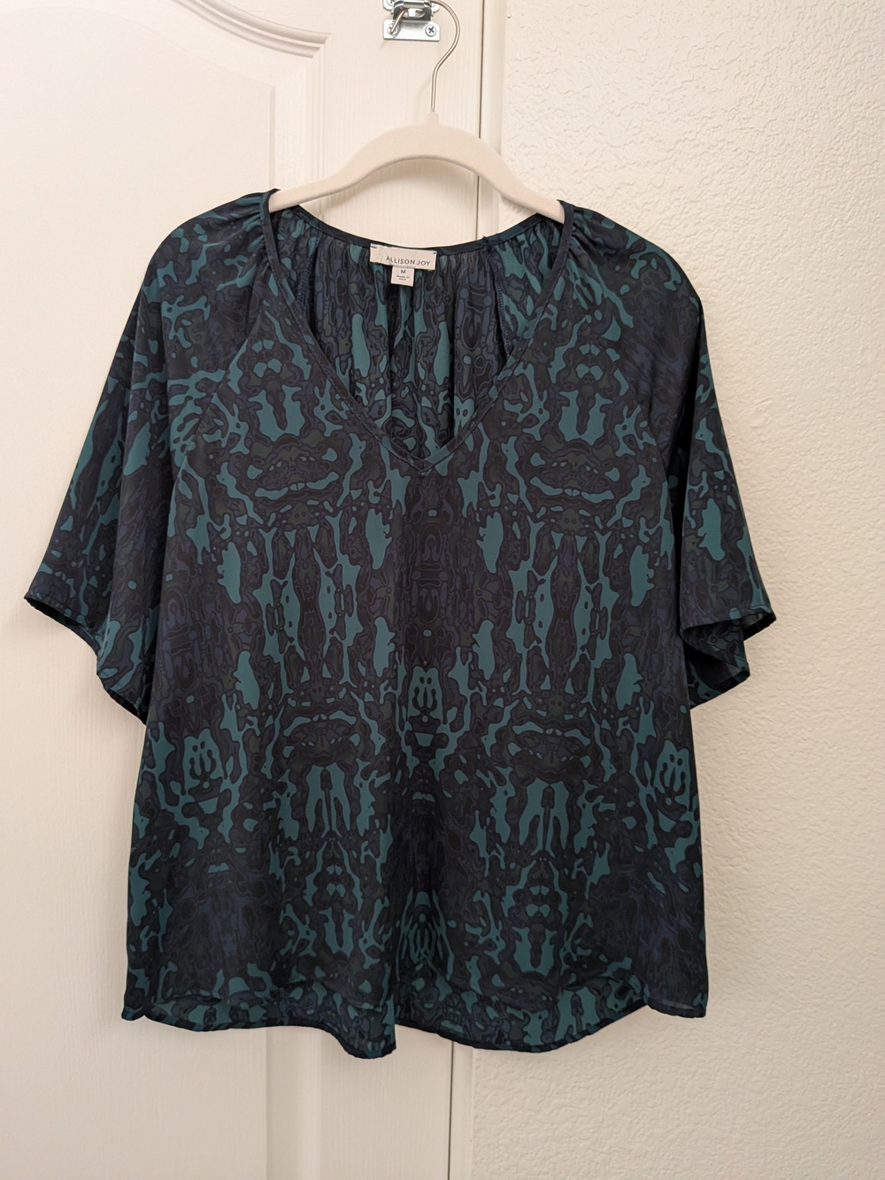 Allison Joy Teal and Black Abstract V-Neck Blouse
